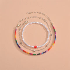 Rainbow Polyster & Pearl 18K Gold-Plated Beaded Anklet Set