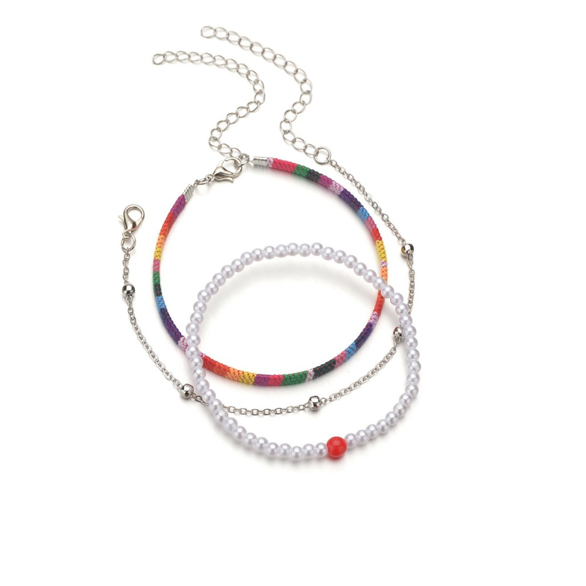 Rainbow Polyster & Pearl 18K Gold-Plated Beaded Anklet Set