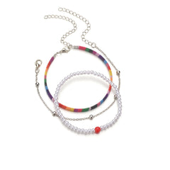 Rainbow Polyster & Pearl 18K Gold-Plated Beaded Anklet Set