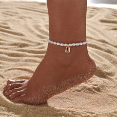 Pearl & 18K Gold-Plated Shell Charm Stretch Anklet