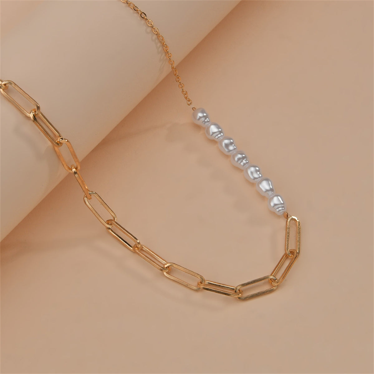 Pearl and 18K Gold-Plated Baroque Chain Link Necklace, gold pendant necklace for women, vintage-inspired design, side view