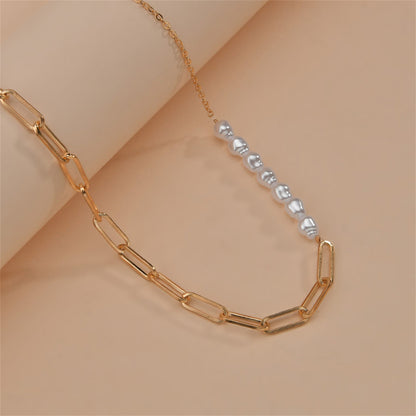 Pearl and 18K Gold-Plated Baroque Chain Link Necklace, gold pendant necklace for women, vintage-inspired design, side view
