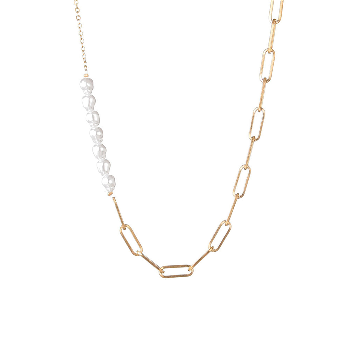Pearl and 18K Gold-Plated Baroque Chain Link Necklace, gold pendant necklace for women, vintage-inspired design, front view