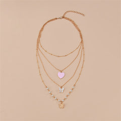 A stylish pink heart necklace with a butterfly charm and pearls, featuring a luxurious 18K gold-plated finish.