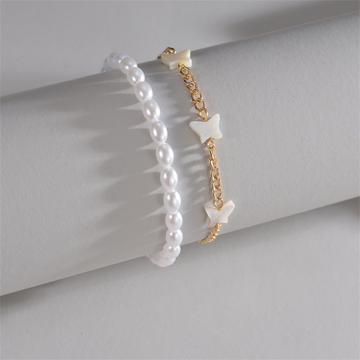 Pearl & Acrylic 18K Gold-Plated Butterfly Station Anklet Set