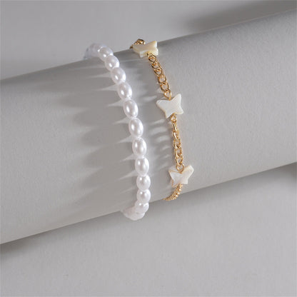 Pearl and Acrylic 18K Gold-Plated Butterfly Station Anklet Set, jewelry gift sets for women, everyday style, side view