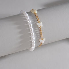 Pearl & Acrylic 18K Gold-Plated Butterfly Station Anklet Set