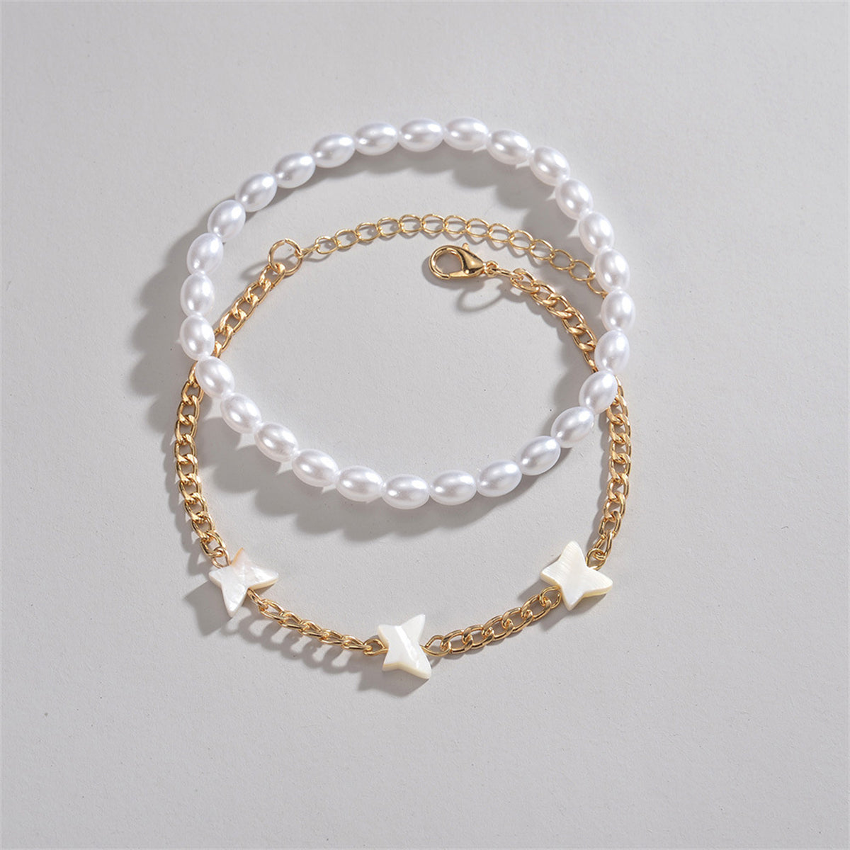 Pearl and Acrylic 18K Gold-Plated Butterfly Station Anklet Set, jewelry gift sets for women, everyday style, detail close-up