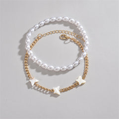 Pearl & Acrylic 18K Gold-Plated Butterfly Station Anklet Set