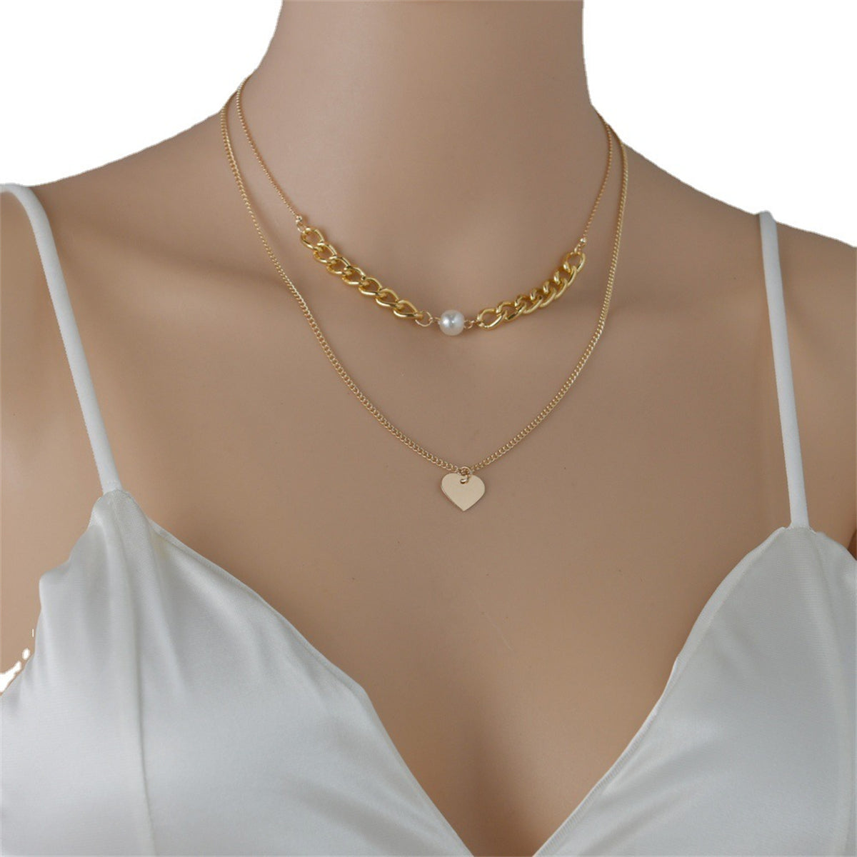 Pearl and 18K Gold-Plated Cable-Chain Heart Layered Necklace, gold pendant necklace for women, front view