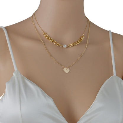 Pearl and 18K Gold-Plated Cable-Chain Heart Layered Necklace, gold pendant necklace for women, front view