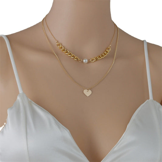 Pearl and 18K Gold-Plated Cable-Chain Heart Layered Necklace, gold pendant necklace for women, front view