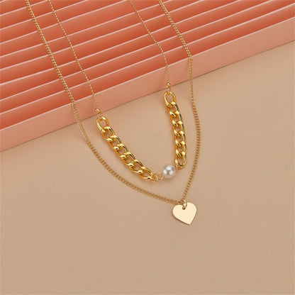 Pearl and 18K Gold-Plated Cable-Chain Heart Layered Necklace, gold pendant necklace for women, detail close-up