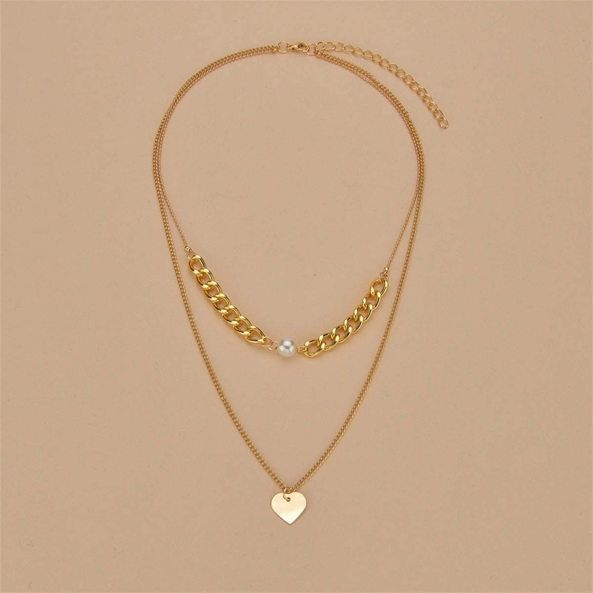 Pearl and 18K Gold-Plated Cable-Chain Heart Layered Necklace, gold pendant necklace for women, lifestyle look