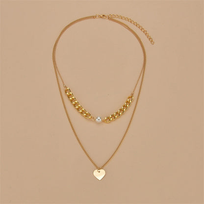 Pearl and 18K Gold-Plated Cable-Chain Heart Layered Necklace, gold pendant necklace for women, lifestyle look