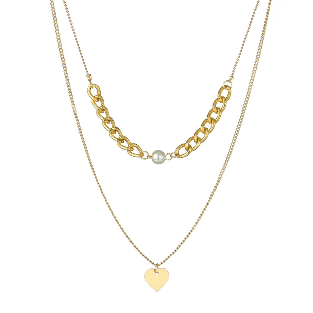Pearl and 18K Gold-Plated Cable-Chain Heart Layered Necklace, gold pendant necklace for women, side view