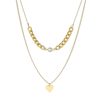 Pearl and 18K Gold-Plated Cable-Chain Heart Layered Necklace, gold pendant necklace for women, side view