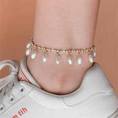 Cubic Zirconia & Pearl 18K Gold-Plated Tassel Anklet