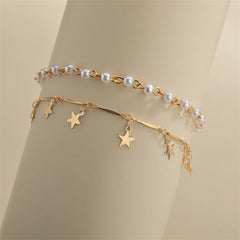 Pearl & 18K Gold-Plated Star Tassel Anklet Set