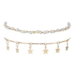 Pearl & 18K Gold-Plated Star Tassel Anklet Set