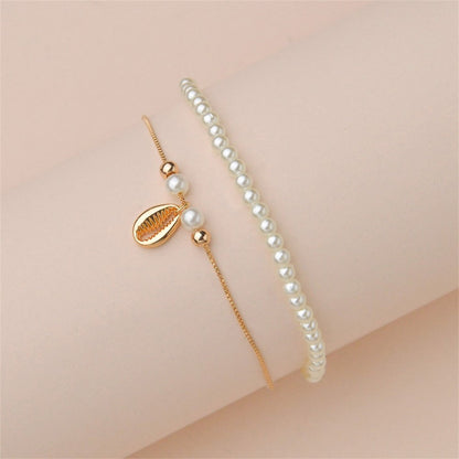 Pearl and 18K Gold-Plated Shell Charm Anklet Set, jewelry gift sets for women, everyday style, side view