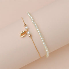Pearl & 18K Gold-Plated Shell Charm Anklet Set