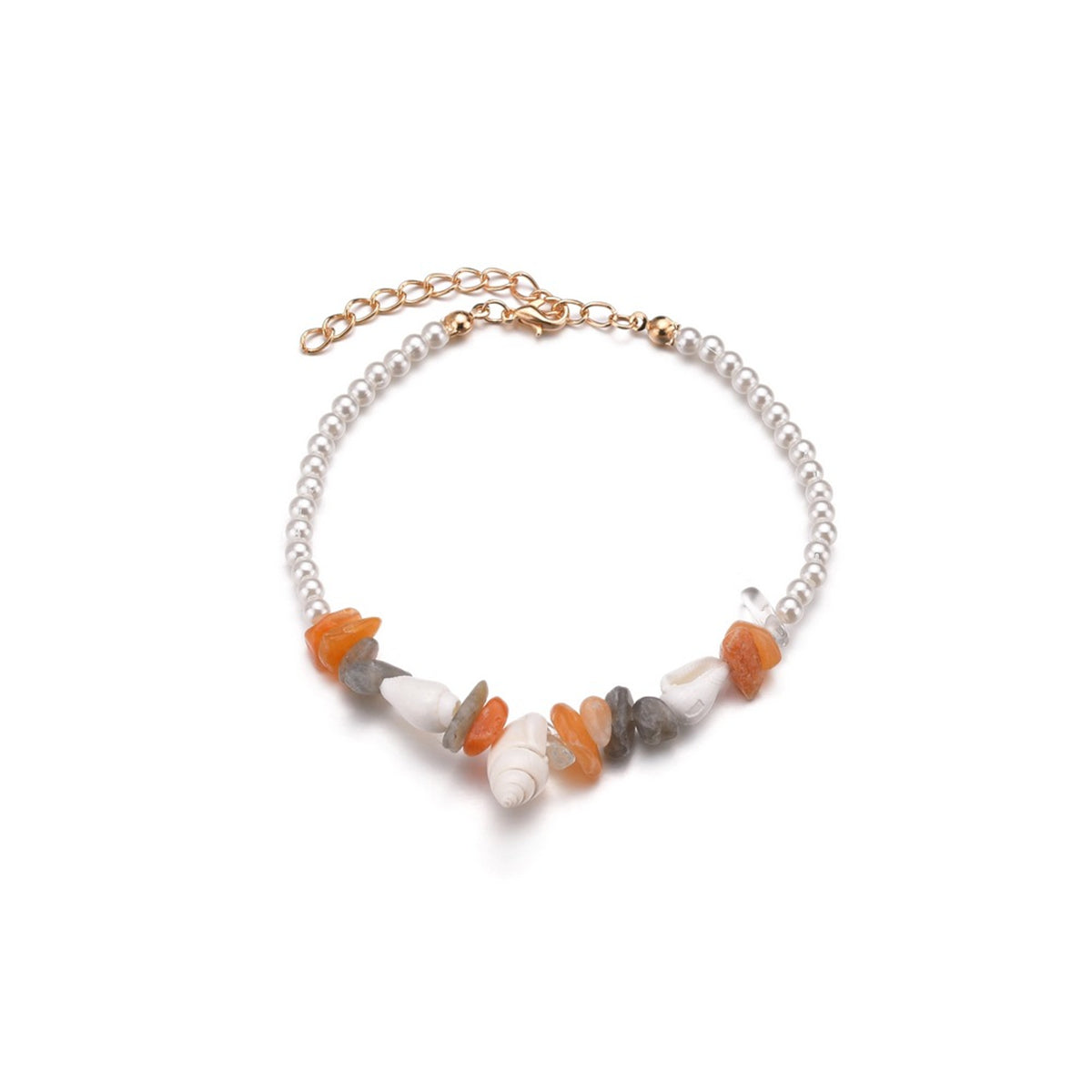 An exquisite 18K gold-plated anklet featuring a combination of orange quartz and white shell pearl stones.
