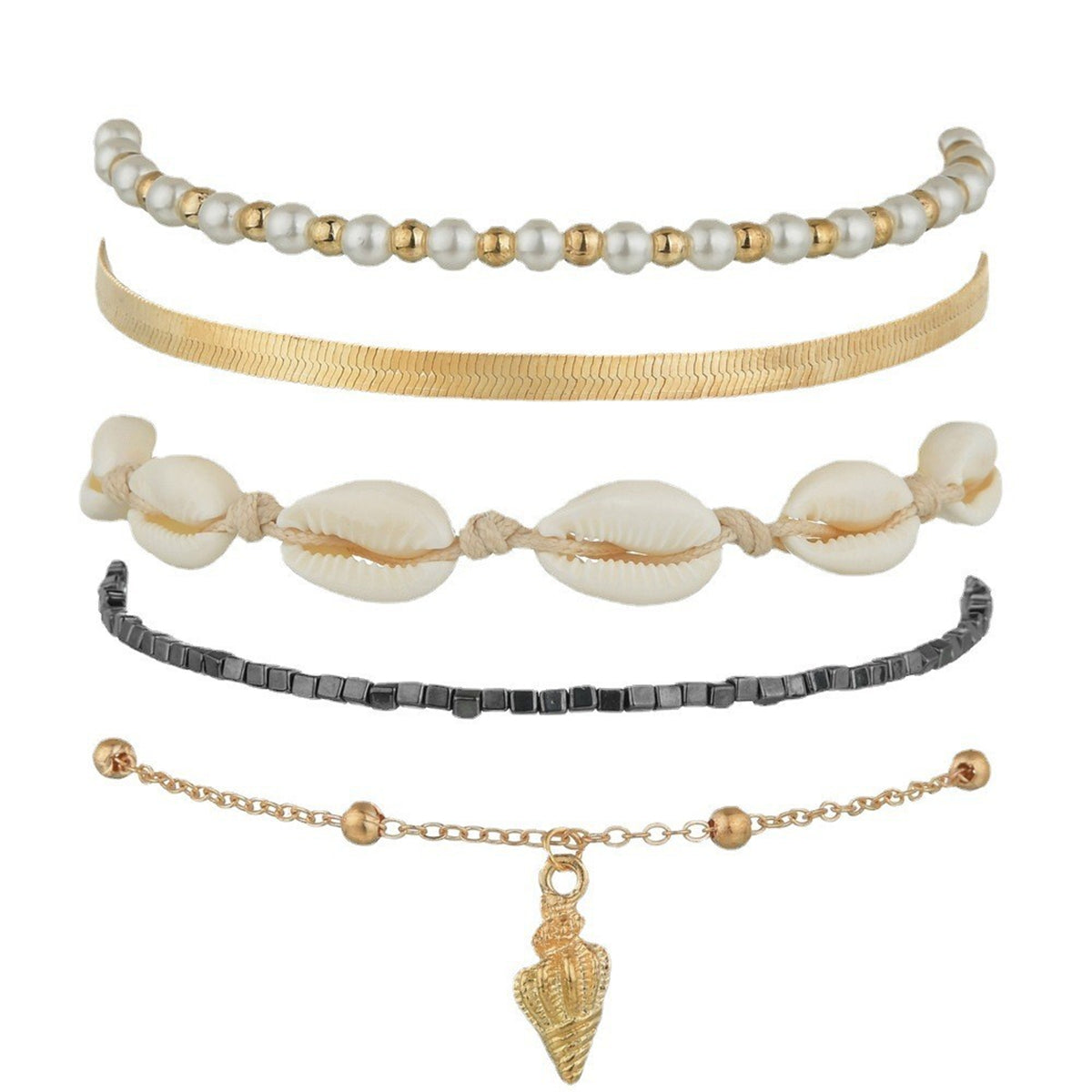 Pearl & Shell 18K Gold-Plated Herringbone Chain Anklet Set
