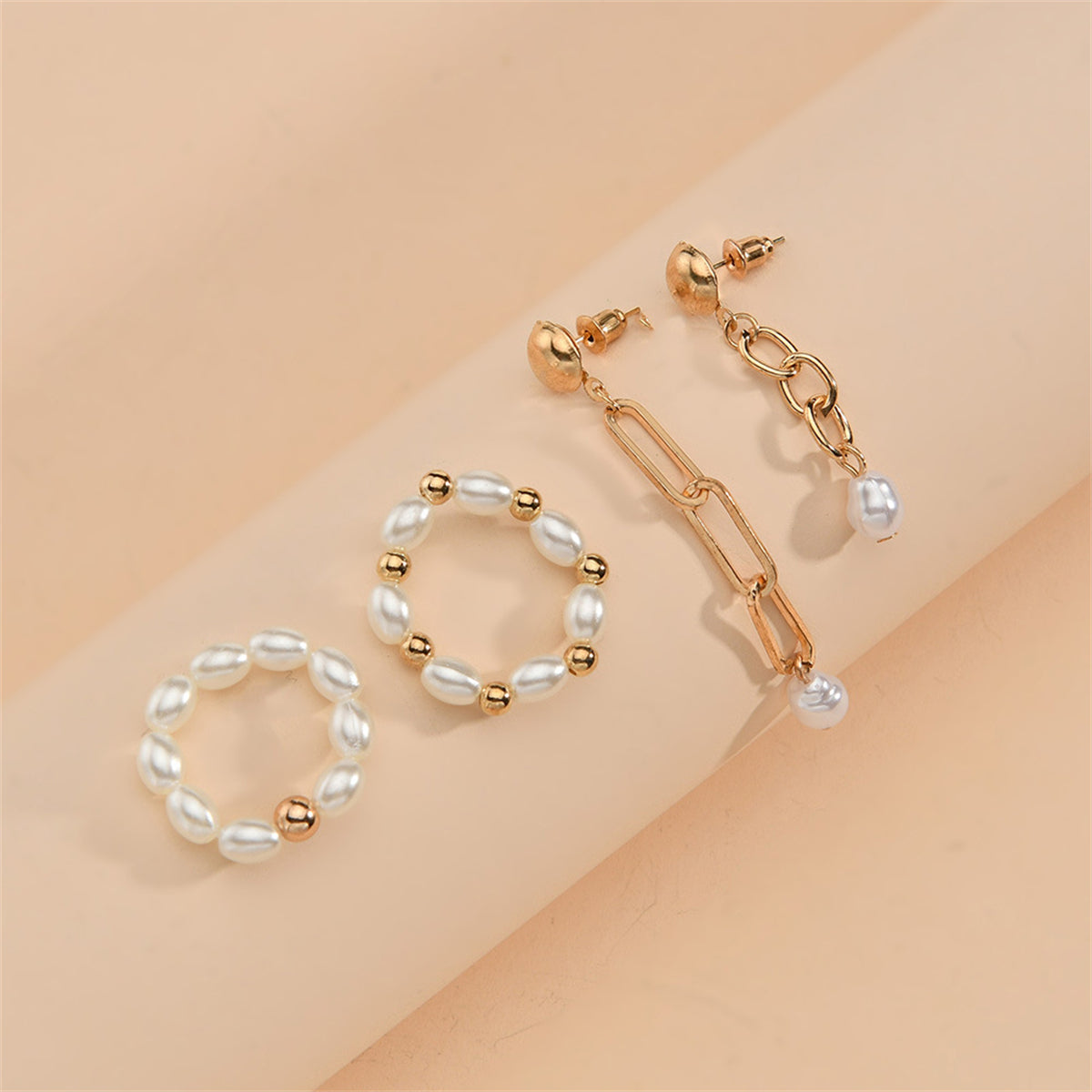 Pearl & 18K Gold-Plated Stretch Rings & Drop Earrings