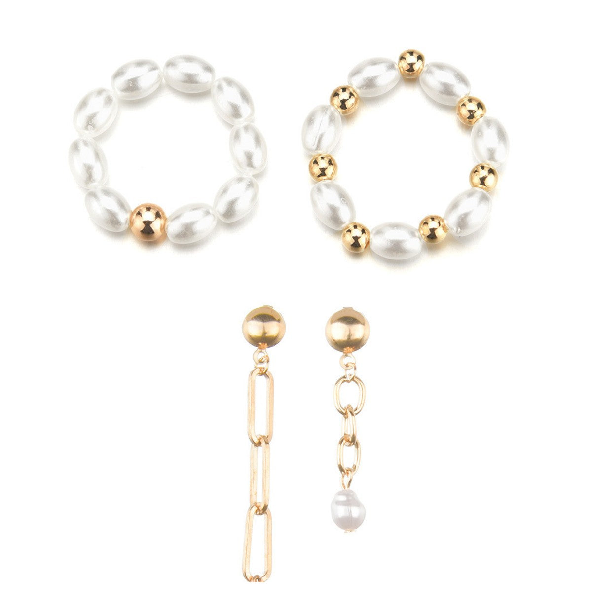 Pearl & 18K Gold-Plated Stretch Rings & Drop Earrings