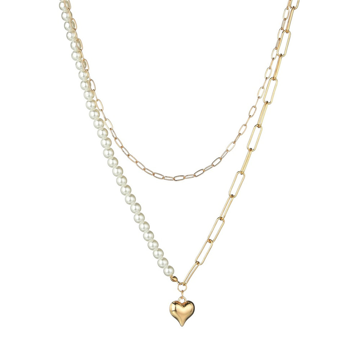 A layered pendant necklace in 18K gold plating, featuring a heart charm and a lustrous pearl for a chic appearance.
