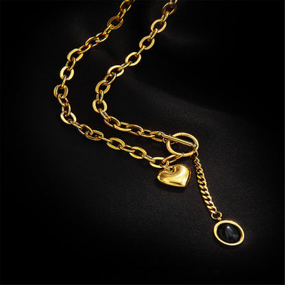 Black Crystal and 18K Gold-Plated Heart Drop Pendant Necklace, gold pendant necklace for women, detail close-up
