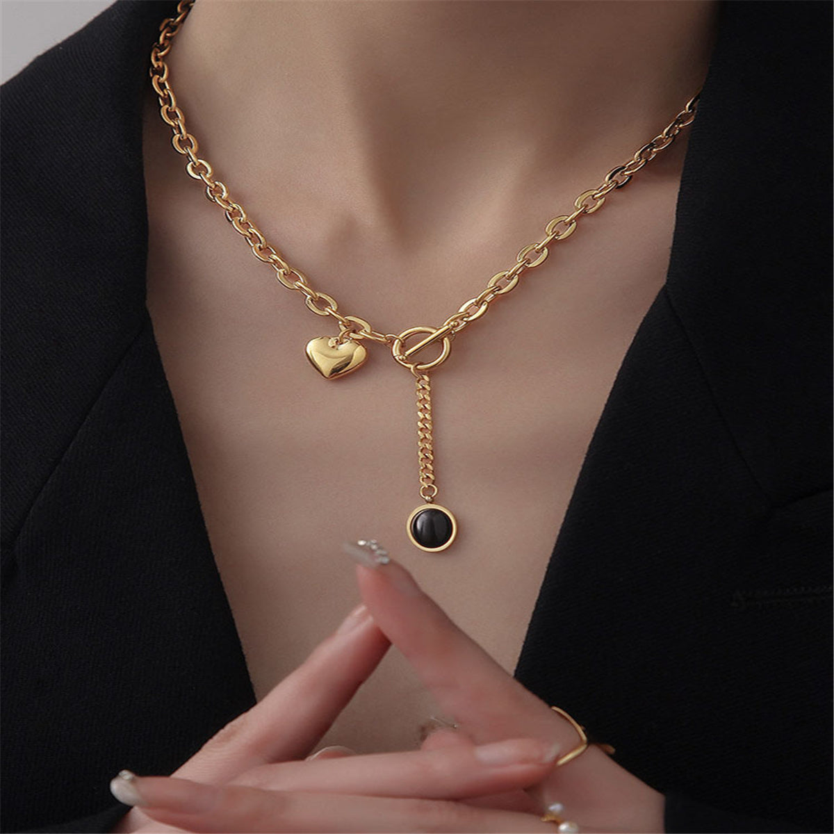 Black Crystal and 18K Gold-Plated Heart Drop Pendant Necklace, gold pendant necklace for women, styled look