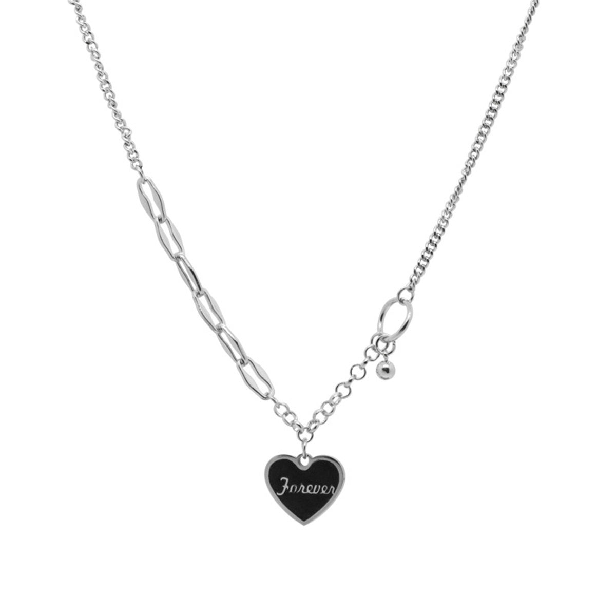 Black and Stainless Steel 'Forever' Heart Patchwork Pendant Necklace, stainless steel pendant necklace for women, front view