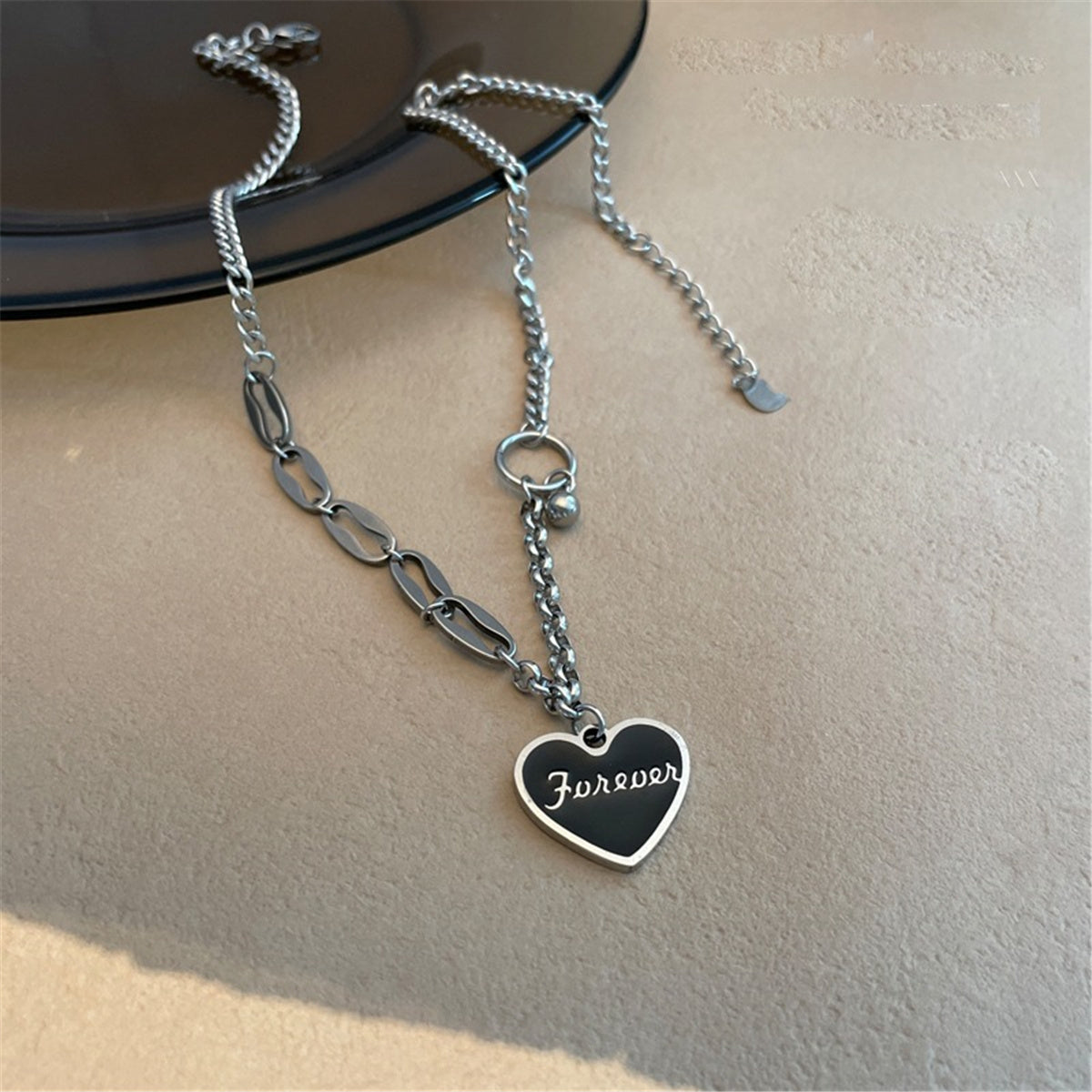 Black and Stainless Steel 'Forever' Heart Patchwork Pendant Necklace, stainless steel pendant necklace..., lifestyle look