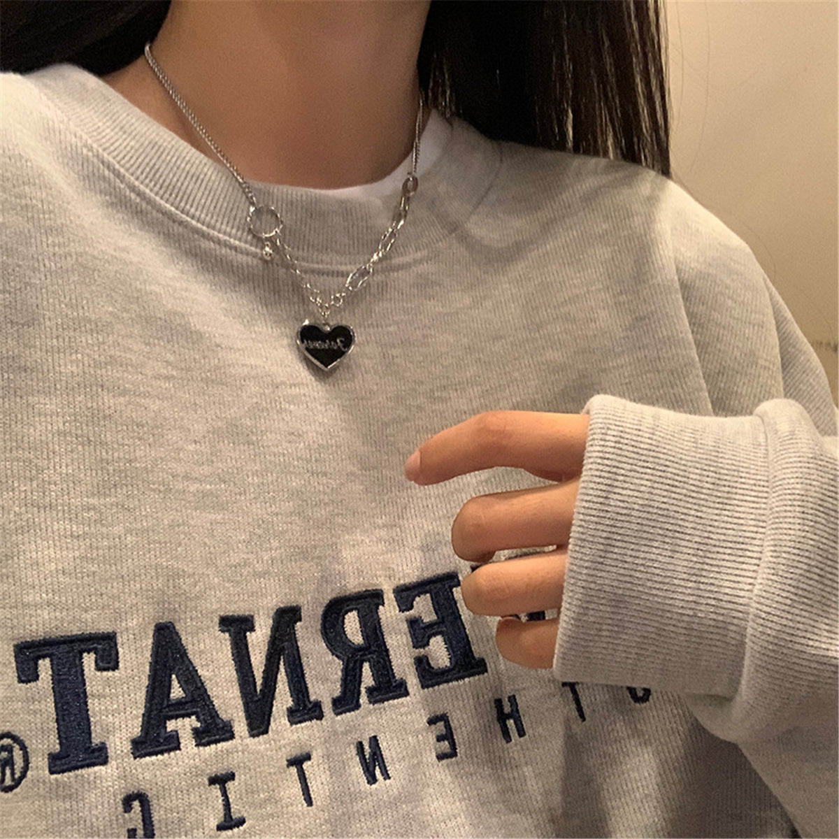 Black & Stainless Steel 'Forever' Heart Patchwork Pendant Necklace