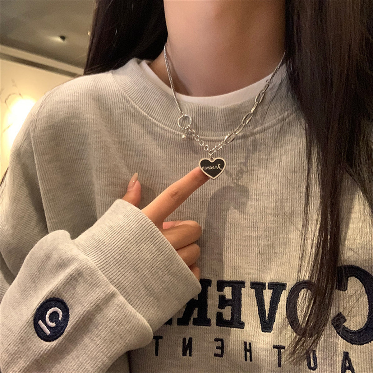 Black & Stainless Steel 'Forever' Heart Patchwork Pendant Necklace