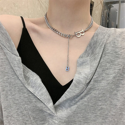 Stainless Steel 'B' Cuban Chain Lariat Necklace, stainless steel pendant necklace for women, everyday style, front view