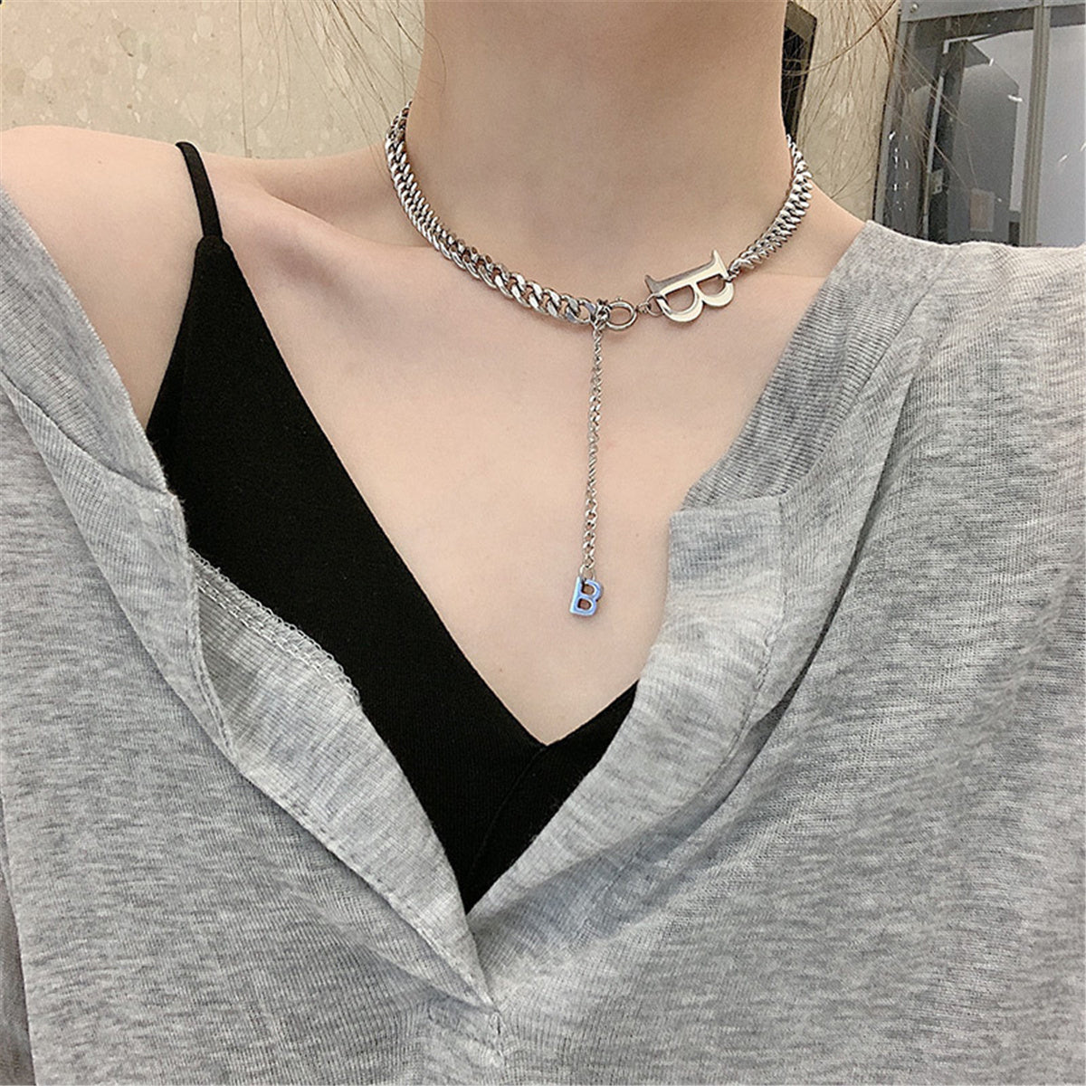 Stainless Steel 'B' Cuban Chain Lariat Necklace