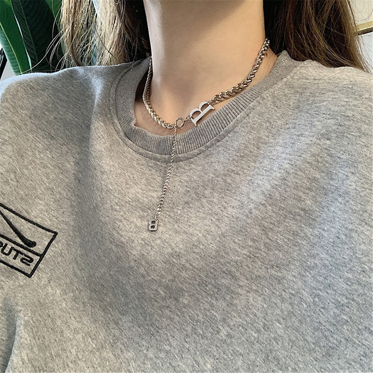 Stainless Steel 'B' Cuban Chain Lariat Necklace, stainless steel pendant necklace for women, everyday style, detail close-up