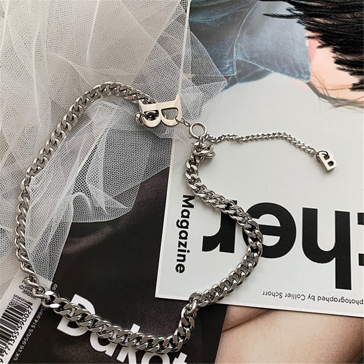 Stainless Steel 'B' Cuban Chain Lariat Necklace, stainless steel pendant necklace for women, everyday style, side view