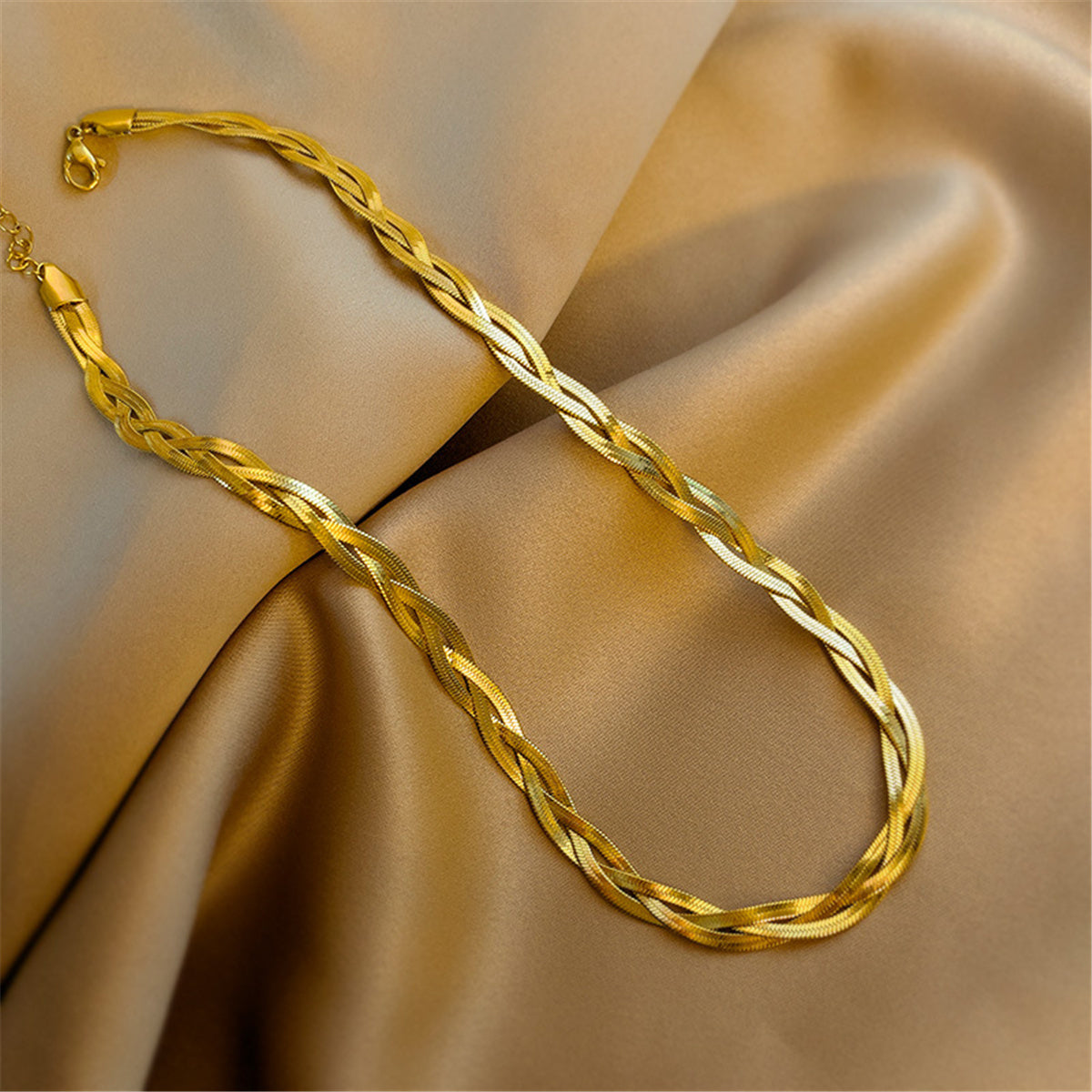 18K Gold-Plated Weave Snake Chain Necklace, gold pendant necklace for women, botanical inspired, front view