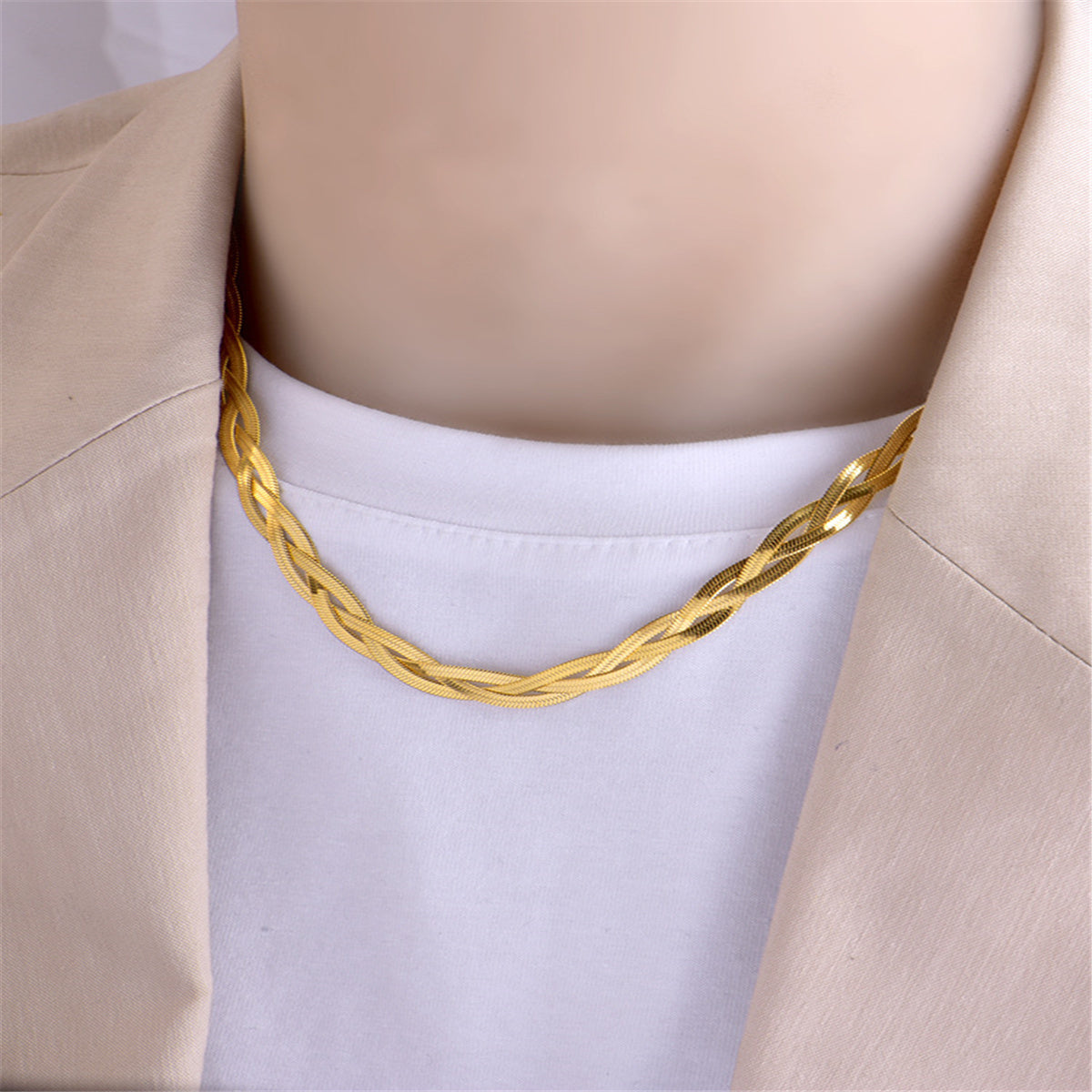 18K Gold-Plated Weave Snake Chain Necklace, gold pendant necklace for women, botanical inspired, side view