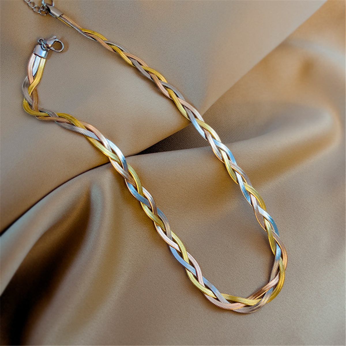 Tri-Tone Snake Chain Weave Necklace, pendant necklace for women, botanical inspired, side view