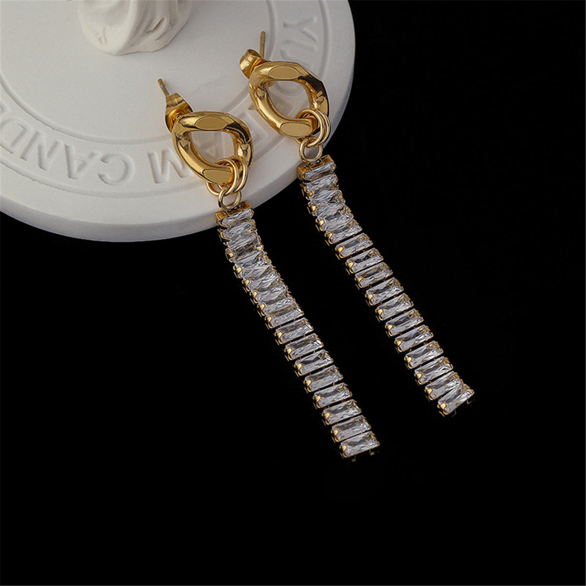 Crystal and 18K Gold-Plated Cuban Chain Drop Earrings, gold drop earrings for women, vintage-inspired design, styled look