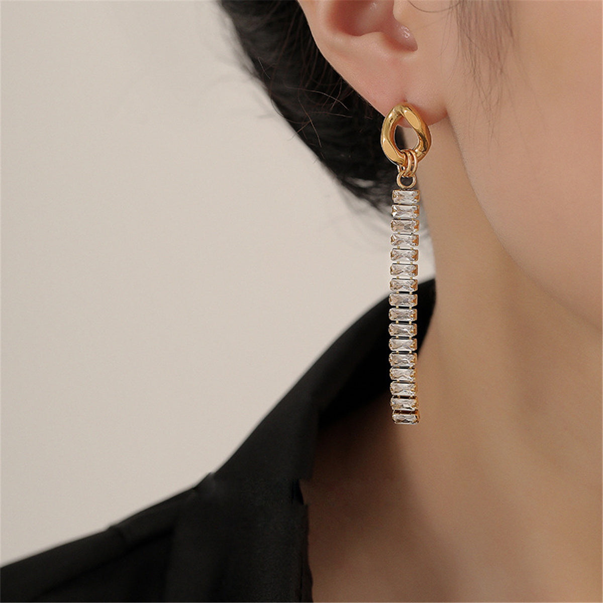 Crystal and 18K Gold-Plated Cuban Chain Drop Earrings, gold drop earrings for women, vintage-inspired design, side view