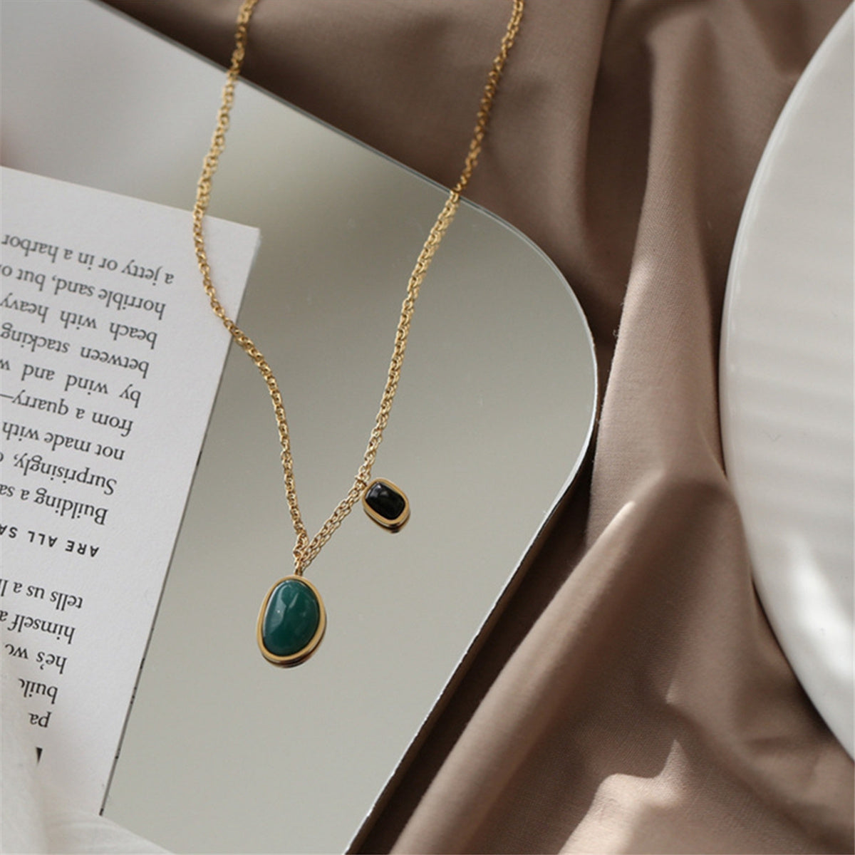 Green and Black Quartz 18K Gold-Plated Pendant Necklace, gold pendant necklace for women, botanical inspired, front view
