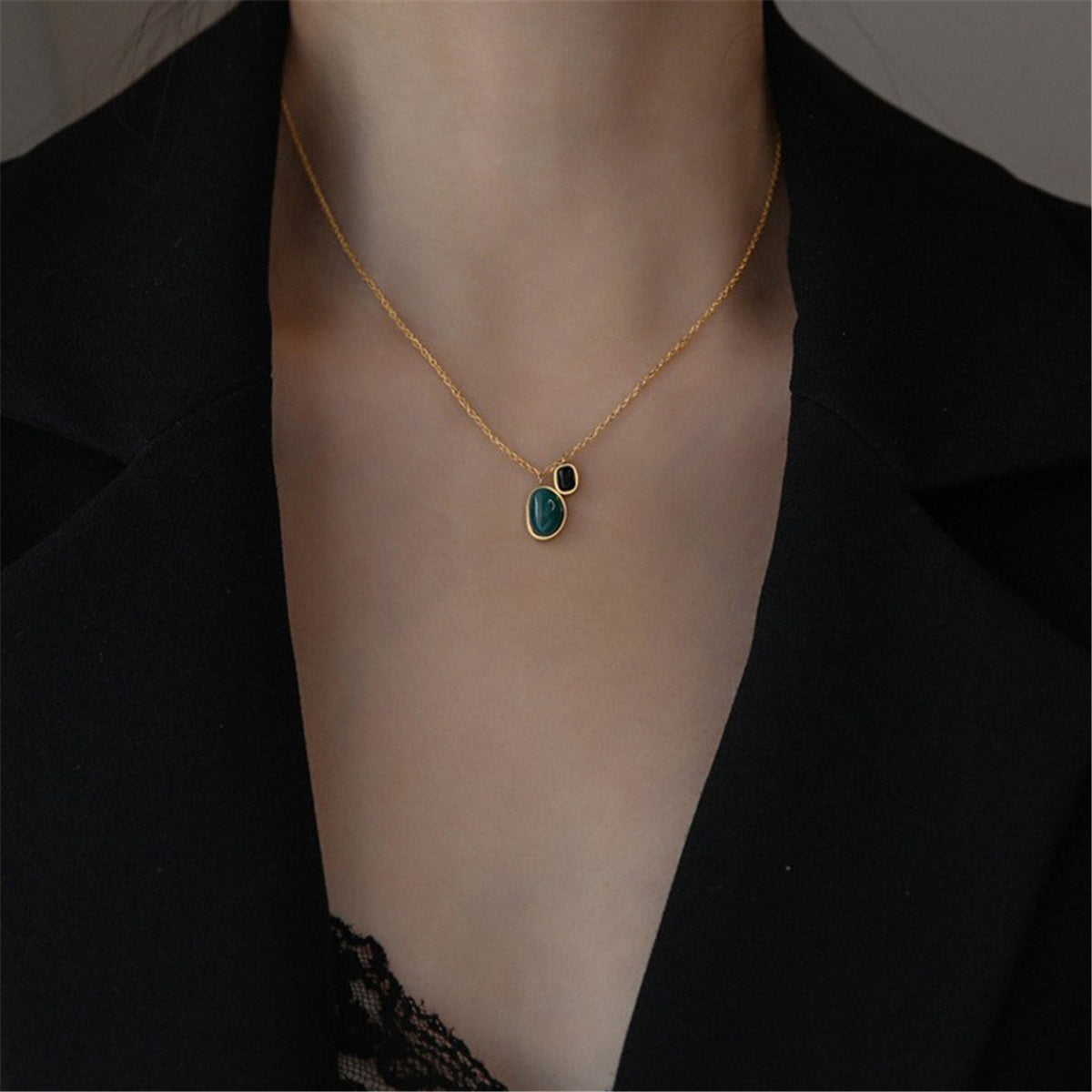 Green and Black Quartz 18K Gold-Plated Pendant Necklace, gold pendant necklace for women, botanical inspired, styled look