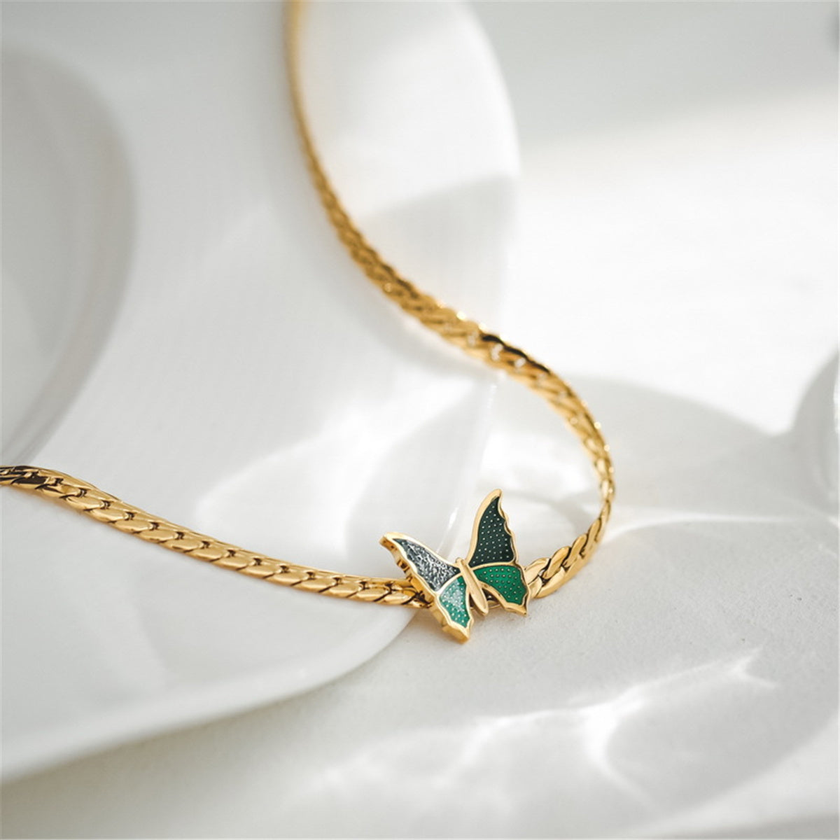 Green Enamel and 18K Gold-Plated Butterfly Charm Anklet, gold anklet bracelet, elegant gift for her, front view