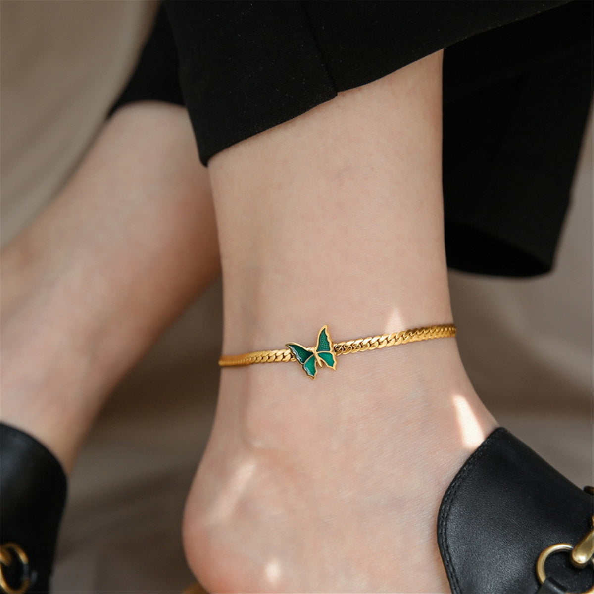 Green Enamel & 18K Gold-Plated Butterfly Charm Anklet